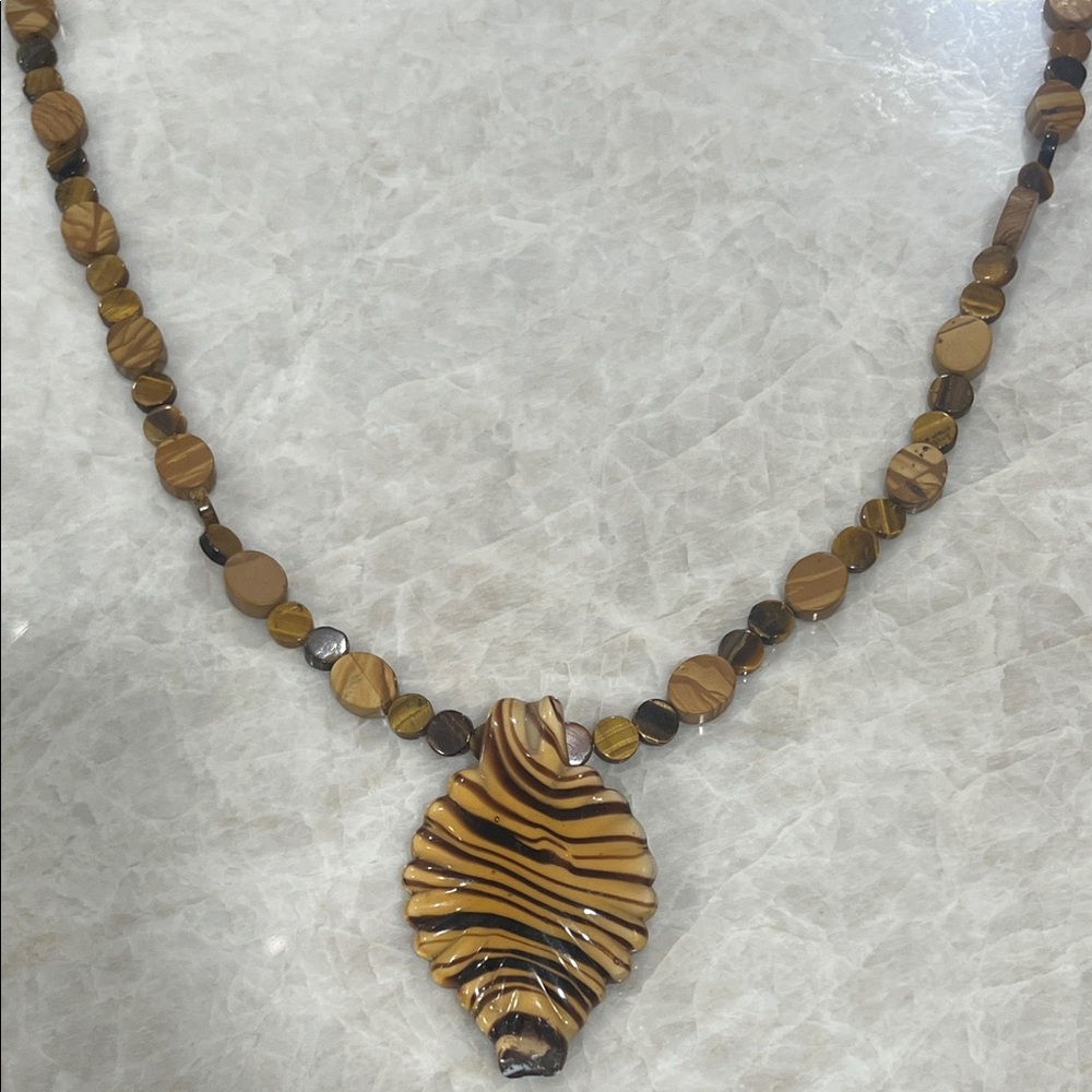 Vintage Chunky Tiger Eye Necklace W/Neutral Toned Beads Carved Pendant